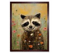 Wall Art Print Gleeful Raccoon Picking Flowers Oil Painting Red White Blooms Spring Meadow Landscape Kids Bedroom Art Framed Artery8 Brown W12 inch x H16 inch