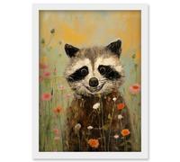 Wall Art Print Gleeful Raccoon Picking Flowers Oil Painting Red White Blooms Spring Meadow Landscape Kids Bedroom Artwork Framed A4 Artery8 White A4
