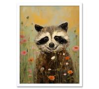 Wall Art Print Gleeful Raccoon Picking Flowers Oil Painting Red White Blooms Spring Meadow Landscape Kids Bedroom Art Framed Artery8 White W12 inch x H16 inch