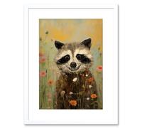 Wall Art Print Gleeful Raccoon Picking Flowers Oil Painting Red White Blooms Spring Meadow Landscape Kids Bedroom Artwork Framed 9X7 Inch Artery8 White W7 inch x H9 inch