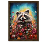Artery8 Wall Art Print Gleeful Racoon Quirky Portrait Spring Makes Everything Better Oil Painting Kids Bedroom Blooming Wildflower Meadow Artwork Artery8 Brown A4