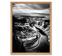 Wall Art Print Glen Canyon Colorado River Bend Black and White Photograph High Contrast Dramatic Landscape Art Framed Artery8 Light Oak W12 inch x H16 inch