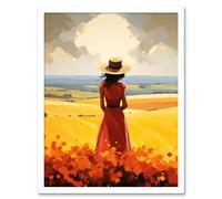 Wall Art Print Golden Countryside by the Sea Oil Painting Woman Looking over Horizon in Coastal Farmland Landscape Art Framed Artery8 White W12 inch x H16 inch