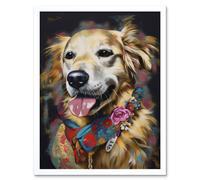 Wall Art Print Golden Retriever Dog with Floral Bandana Collar Art Framed Artery8 White W12 inch x H16 inch
