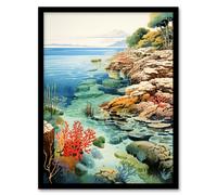Wall Art Print Great Barrier Reef Watercolour Painting Australia Bright Coral Garden Seascape Art Framed Artery8 Black A4