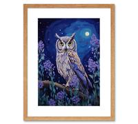 Wall Art Print Great Horned Owl in Lavender Field Oil Painting Blue Purple Full Moon Night in the Countryside Artwork Framed 9X7 Inch Artery8 Beige W7 inch x H9 inch