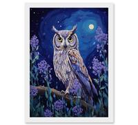 Wall Art Print Great Horned Owl in Lavender Field Oil Painting Blue Purple Full Moon Night in the Countryside Artwork Framed A4 Artery8 White A4