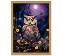 Wall Art Print Great Horned Owl Portrait with Lavender Full Moon Oil Painting Spring Night in Countryside Flower Meadow Artwork Framed A4 Artery8 Light Oak A4