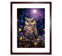 Wall Art Print Great Horned Owl Portrait with Lavender Full Moon Oil Painting Spring Night in Countryside Flower Meadow Artwork Framed 9X7 Inch Artery8 Brown W7 inch x H9 inch
