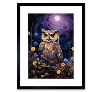 Wall Art Print Great Horned Owl Portrait with Lavender Full Moon Oil Painting Spring Night in Countryside Flower Meadow Artwork Framed 9X7 Inch Artery8 Black W7 inch x H9 inch