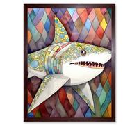 Wall Art Print Great White Shark Folk Art Watercolour Painting Art Framed Artery8 Brown W12 inch x H16 inch
