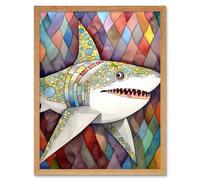 Wall Art Print Great White Shark Folk Art Watercolour Painting Art Framed Artery8 Light Oak W12 inch x H16 inch