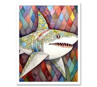 Wall Art Print Great White Shark Folk Art Watercolour Painting Art Framed Artery8 White W12 inch x H16 inch