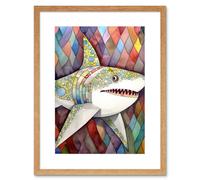 Wall Art Print Great White Shark Folk Art Watercolour Painting Artwork Framed 9X7 Inch Artery8 Beige W7 inch x H9 inch