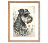 Wall Art Print Grey Schnauzer Dog and Spring Flowers Boho Portrait Watercolour Artwork Framed 9X7 Inch Artery8 Beige W7 inch x H9 inch
