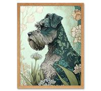 Wall Art Print Grey Schnauzer Dog with Floral Pattern Fur Coat in Flowers Modern Watercolour Art Framed Artery8 Light Oak W12 inch x H16 inch