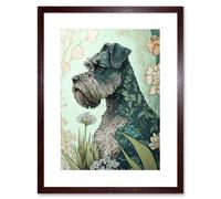 Wall Art Print Grey Schnauzer Dog with Floral Pattern Fur Coat in Flowers Modern Watercolour Artwork Framed 9X7 Inch Artery8 Brown W7 inch x H9 inch