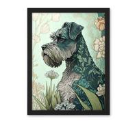 Wall Art Print Grey Schnauzer Dog with Floral Pattern Fur Coat in Flowers Modern Watercolour Large Framed Wall Décor Art Artery8 Light Oak W18 inch x H24 inch
