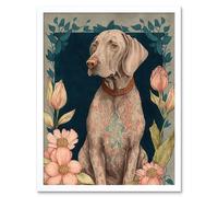Wall Art Print Grey Weimaraner Dog with Ornate Pattern Fur Coat and Flowers Modern Art Nouveau Art Framed Artery8 White W12 inch x H16 inch