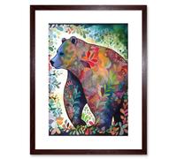 Wall Art Print Grizzly Bear With Botanical Patterns Folk Art Watercolour Painting Artwork Framed 9X7 Inch Artery8 Brown W7 inch x H9 inch