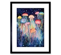 Wall Art Print Group Of Jellyfish Multicoloured Folk Art Watercolour Painting Artwork Framed 9X7 Inch Artery8 Black W7 inch x H9 inch