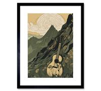 Wall Art Print Guitar on Mountain Landscape Morning at Campsite Artwork Framed 9X7 Inch Artery8 Black W7 inch x H9 inch