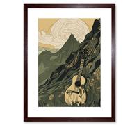 Wall Art Print Guitar on Mountain Landscape Morning at Campsite Artwork Framed 9X7 Inch Artery8 Brown W7 inch x H9 inch