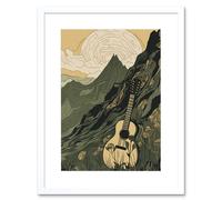 Wall Art Print Guitar on Mountain Landscape Morning at Campsite Artwork Framed 9X7 Inch Artery8 White W7 inch x H9 inch