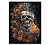 Wall Art Print Guitar With Roses And Skull Conceptual Painting Electric Floral Melodic Metal Art Framed Artery8 Multi A4