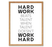 Wall Art Print Gym Motivation Hard Work Beats Talent Inspirational Exercise Art Framed Artery8 Light Oak W12 inch x H16 inch