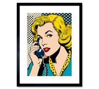 Wall Art Print Halftone Hello Comic Book Style 1950s Woman Telephone Bright Polka Dot Pattern Artwork Framed 9X7 Inch Artery8 Black W7 inch x H9 inch