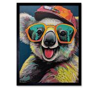 Wall Art Print Happy Koala Bear Sunglasses and Hat Modern Pop Art Framed Artery8 Black W12 inch x H16 inch