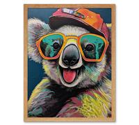 Wall Art Print Happy Koala Bear Sunglasses and Hat Modern Pop Art Framed Artery8 Light Oak W12 inch x H16 inch