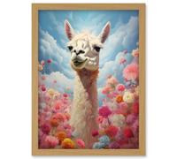 Wall Art Print Happy Llama Peeking Head Over Pink Flowers Bright Colourful Artwork Kids Bedroom Dreamy Spring Meadow Artwork Framed A4 Artery8 Light Oak A4