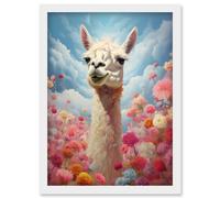 Wall Art Print Happy Llama Peeking Head Over Pink Flowers Bright Colourful Artwork Kids Bedroom Dreamy Spring Meadow Artwork Framed A4 Artery8 White A4