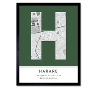 Wall Art Print Harare Zimbabwe City Map Modern Typography Stylish Letter Framed Word Wee Blue Coo Green W12 inch x H16 inch
