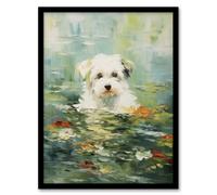 Wall Art Print Havanese Dog And Water Lilies Claude Monet Style Oil Painting Art Framed Artery8 Black W12 inch x H16 inch