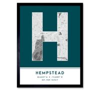 Wall Art Print Hempstead United States City Map Modern Typography Stylish Letter Framed Word Wee Blue Coo Teal W12 inch x H16 inch