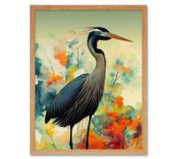 Wall Art Print Heron Bird in Abstract Flower Field Colourful Teal Orange Navy Art Framed Artery8 Light Oak W12 inch x H16 inch