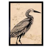 Wall Art Print Heron Bird Simple Ink Art Framed Artery8 Black W12 inch x H16 inch