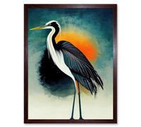 Wall Art Print Heron Monochrome Bird Portrait Orange Sunrise Acrylic Paint Art Framed Artery8 Brown W12 inch x H16 inch