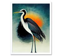 Wall Art Print Heron Monochrome Bird Portrait Orange Sunrise Acrylic Paint Art Framed Artery8 White W12 inch x H16 inch