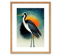Wall Art Print Heron Monochrome Bird Portrait Orange Sunrise Acrylic Paint Artwork Framed 9X7 Inch Artery8 Beige W7 inch x H9 inch