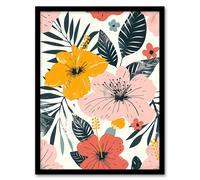 Wall Art Print Hibiscus Flower Pink Orange Blue Floral Pattern Art Framed Poster Artery8 Black A4