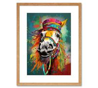 Wall Art Print Hippie Horse with Multicoloured Hat and Bridles Artwork Framed 9X7 Inch Artery8 Beige W7 inch x H9 inch