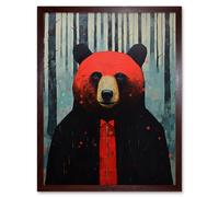 Wall Art Print Hipster Red Bear Artwork Oil Painting Black Blue Artwork Forest Trees Art Framed Artery8 Brown W12 inch x H16 inch
