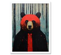 Wall Art Print Hipster Red Bear Artwork Oil Painting Black Blue Artwork Forest Trees Art Framed Artery8 White W12 inch x H16 inch