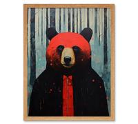 Wall Art Print Hipster Red Bear Artwork Oil Painting Black Blue Artwork Forest Trees Art Framed Artery8 Light Oak W12 inch x H16 inch
