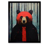 Wall Art Print Hipster Red Bear Artwork Oil Painting Black Blue Artwork Forest Trees Art Framed Artery8 Black W12 inch x H16 inch
