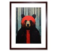 Wall Art Print Hipster Red Bear Artwork Oil Painting Black Blue Artwork Forest Trees Artwork Framed 9X7 Inch Artery8 Brown W7 inch x H9 inch